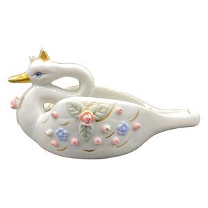 Vintage Swan Ashtray / Trinket Dish Applied Flowers Gold Trim Japan
